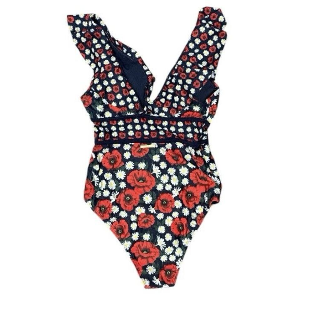 Juicy Couture One Piece Swimsuit deep V-neck Red Poppies Woman’s Size M NWOT - Picture 2 of 10